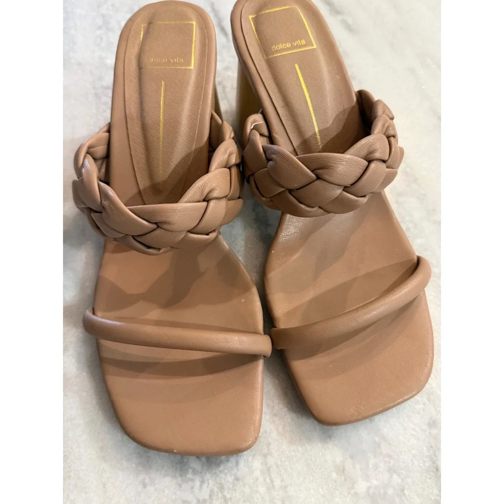 Dolce Vita Paily Braided‎ Block Heel Sandals Tan Nude Square Toe Mule Size 9